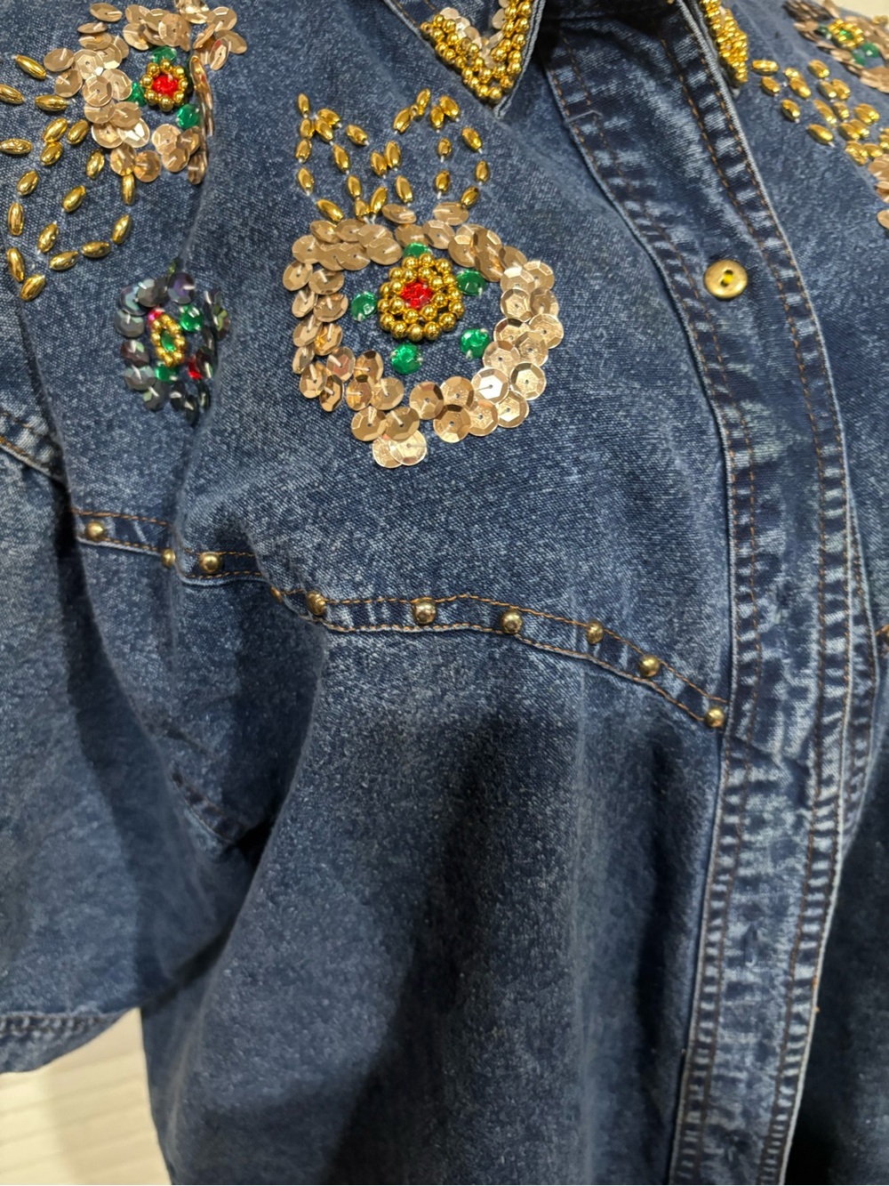 Beaded Embroidered Denim Shirt-Skirt in Blue - Picture 4 of 8